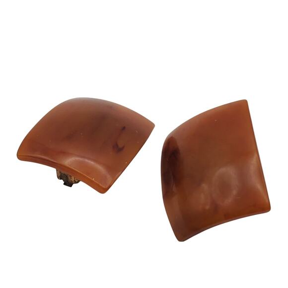 Brown Bakelite Earrings Vintage Clip Ons 1940s Art Deco Butterscotch Curved - Picture 5 of 7